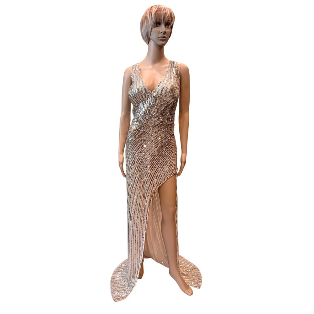 NovaLuxe 2XL Champagne Gold Sequin Gown High Slit Open Back Formal Dress
